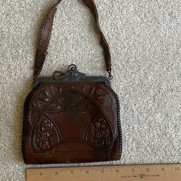 Vintage Hand Tooled Leather Metal Purse Early 1900s Antique - Picture 10 of 13